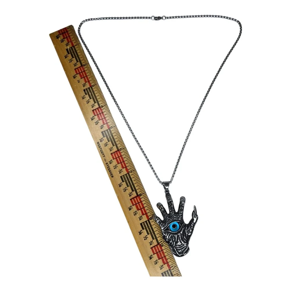 Vintage Monster Hand Necklace Metal Silver Tone Evil Eye Goth Punk Pendant